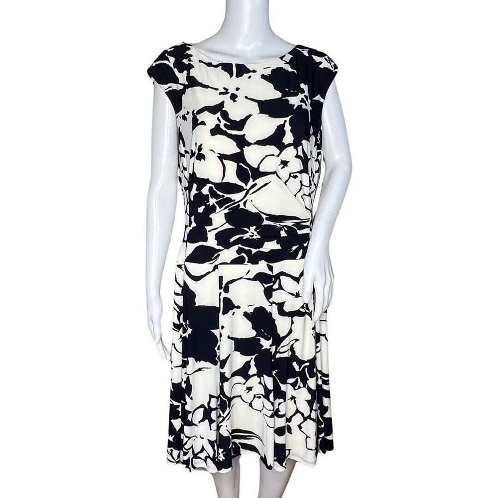 Lauren Ralph Lauren Dress Womens 14 White Navy Blue Floral Fit & Flare Career